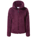 A cozy purple fleece jacket with a high collar and zipper is displayed on a plain background showcasing its soft, textured fabric and long sleeves designed for warmth and comfort.