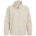 A cream-colored fleece pullover is displayed with a high collar and a buttoned placket. The fabric features a textured pattern, suggesting warmth and comfort for casual wear.