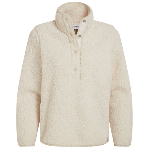 A cream-colored fleece pullover is displayed with a high collar and a buttoned placket. The fabric features a textured pattern, suggesting warmth and comfort for casual wear.