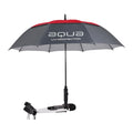 A large umbrella with a red and gray design is attached to a mounting device displaying the text aqua UV-PROTECTION providing shade and shielding from sunlight in an outdoor setting.