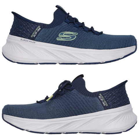 Blue athletic shoes are positioned side by side showcasing a sleek design and textured upper with a white midsole highlighting comfort and support suitable for various activities.