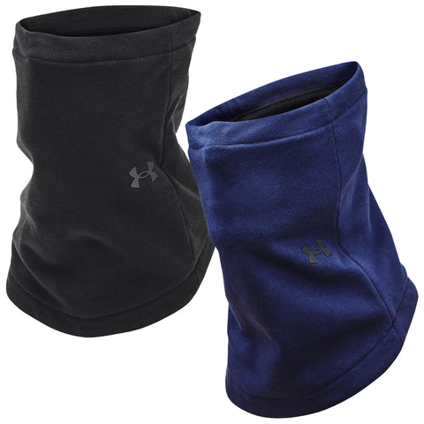 A black and a blue fleece neck gaiter are displayed side by side on a white background showcasing their soft texture and logo standing upright ready for use in cold weather.