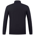 A black long-sleeved shirt is displayed facing away from the viewer the fabric appears smooth and the collar is high creating a sleek and simple design suitable for casual or active wear