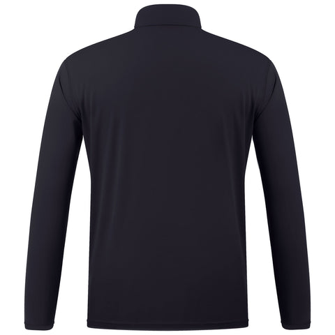 A black long-sleeved shirt is displayed facing away from the viewer the fabric appears smooth and the collar is high creating a sleek and simple design suitable for casual or active wear