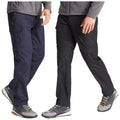 Two pairs of outdoor pants are shown with a person wearing each pair. One pair is navy blue while the other is black. Both are cargo style and paired with hiking shoes.