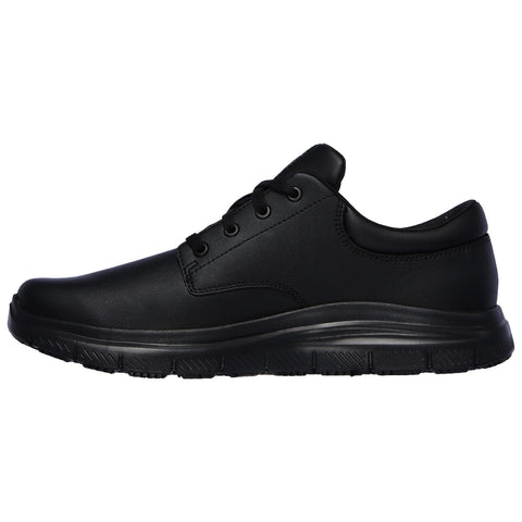 A black sneaker with a smooth exterior features laces and a cushioned sole resting on a flat surface showcasing a simple and minimalist design suitable for casual wear