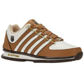 A pair of sneakers features a white and brown design with three brown stripes and gold eyelets laced up for wear set against a plain background