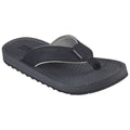 A black flip-flop with a textured sole and a soft upper strap is positioned on a flat surface showcasing its casual design suitable for warm weather or beach use.