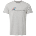 A gray short-sleeve t-shirt displays the word "CRAGHOPPERS" below three colored stripes in blue red and green showcasing a casual and sporty design against a plain background.