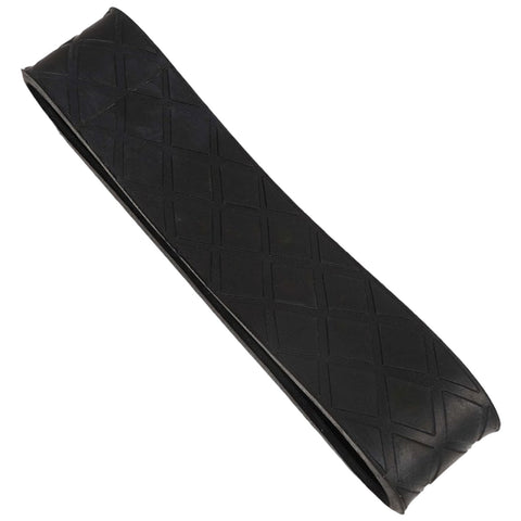 A long, flat, black rubber band lies horizontally against a plain background exhibiting a diamond pattern on its surface suggesting elasticity and intended for binding or holding objects together.