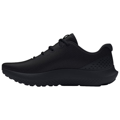 Black athletic shoe with a textured upper and a cushioned sole is positioned sideways showcasing its sleek silhouette in a neutral background emphasizing its design and color.