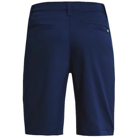 Navy blue shorts are displayed vertically showing the back view featuring two back pockets and a logo tag on the right side with a smooth fabric texture and tailored fit