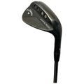 A black golf wedge with a textured face is displayed upright against a white background showcasing its brand Callaway and model Jaws Raw for precise short game performance.