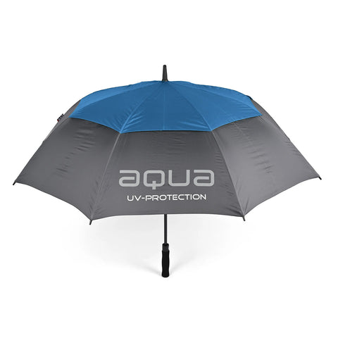 A large umbrella with a blue and gray canopy stands upright showcasing the text aqua UV-PROTECTION highlighting its use for sun protection in outdoor settings.