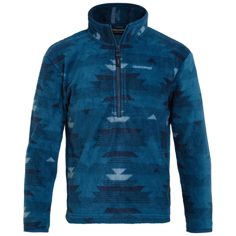 A blue patterned fleece pullover is displayed. It features a zippered half-neck and long sleeves. The overall design includes geometric shapes in varying shades of blue and white.