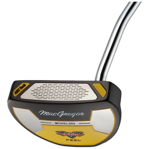 A golf putter is displayed prominently with a metallic head featuring a yellow and silver design and a sleek chrome shaft indicating it is a MacGregor model designated as 003.