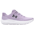 Purple athletic shoe with a breathable mesh upper and a white cushioning sole is positioned sideways showcasing its sleek design and the Under Armour logo on the side