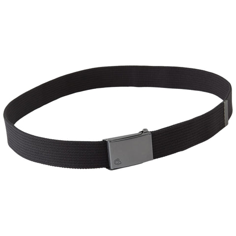 A black belt made of woven material is lying flat with a metal clasp closed at one end and the other end free showing its practical design for securing pants in an everyday context.