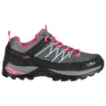 A waterproof hiking shoe features a gray upper with pink accents and reflective elements laced tightly. The treaded sole suggests suitability for outdoor use on various terrains.