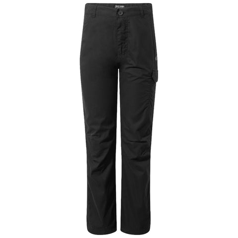 Black cargo pants with a button closure have a side pocket and a relaxed fit designed for comfort and utility, suitable for outdoor activities or casual wear.