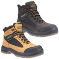 Two pairs of sturdy hiking boots in brown and tan colors are displayed side by side showcasing textured materials and rugged soles intended for outdoor activities.