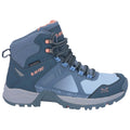 A blue and gray waterproof hiking boot is displayed standing upright showcasing its laces and textured sole designed for traction indicating suitability for outdoor activities.