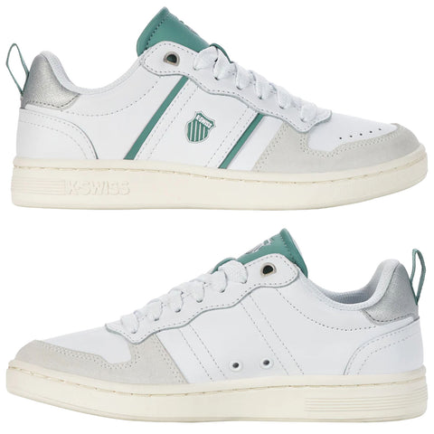 White sneakers with teal accents and grey detailing are positioned upright showcasing their design features including laces and branding in a neutral background environment.