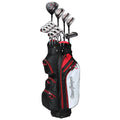 A black and red golf bag stands upright with multiple clubs protruding from the top showcasing various golf clubs including drivers and irons organized for easy access.