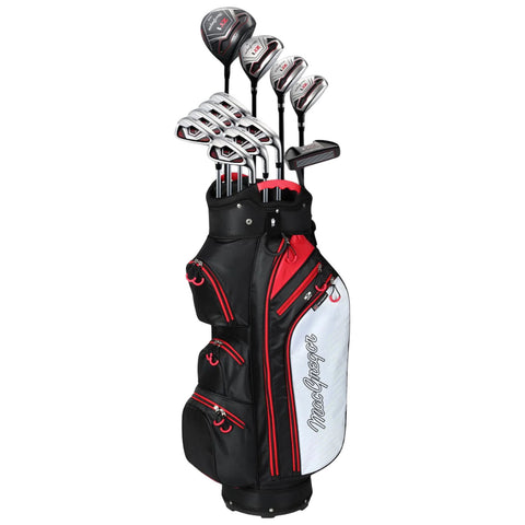 A black and red golf bag stands upright with multiple clubs protruding from the top showcasing various golf clubs including drivers and irons organized for easy access.