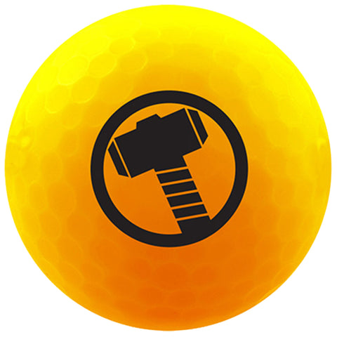 A bright yellow ball with a textured surface features a black icon of a hammer enclosed in a circle, suggesting use in a playful or athletic context.