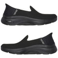 Black slip-on shoes are displayed side by side featuring a mesh upper and a cushioned sole labeled ArchFit showcasing a simple design suitable for casual wear and comfort.