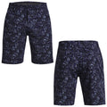 Shorts are displayed from the front and back showcasing a dark fabric with a floral pattern in varying shades of blue and purple against a plain background