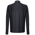 A long-sleeved black shirt is displayed, showing its back view with a simple collar and a small logo at the neckline, designed for casual or athletic wear.