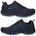 A pair of navy blue athletic shoes features a sturdy black and blue design. They are positioned side by side against a plain background, showcasing their laces and treaded soles.