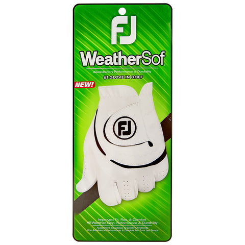 A white golf glove with a black logo is displayed on a vibrant green background showcasing its features. It emphasizes grip performance and durability for all weather conditions.