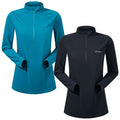 Two long-sleeved shirts in turquoise and black are displayed side by side showcasing a zippered neckline and a snug fit designed for outdoor activities highlighting a comfortable and sporty look.