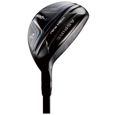 A golf club head features a sleek black design with blue and silver accents optimizing aerodynamics and performance. It is designed for precision swings on a golf course.