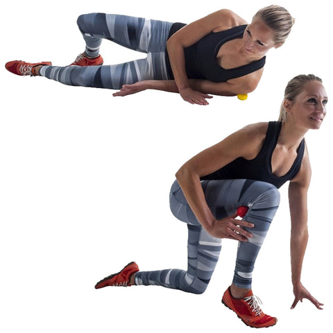 A woman in athletic clothing performs two fitness poses using exercise equipment. She lies on her side with a foam roller and kneels while holding a small red weight engaging in a workout indoors.