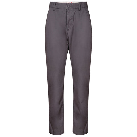 Gray trousers are displayed standing upright showcasing their straight fit design and waistband features in a neutral setting without additional context or background elements.