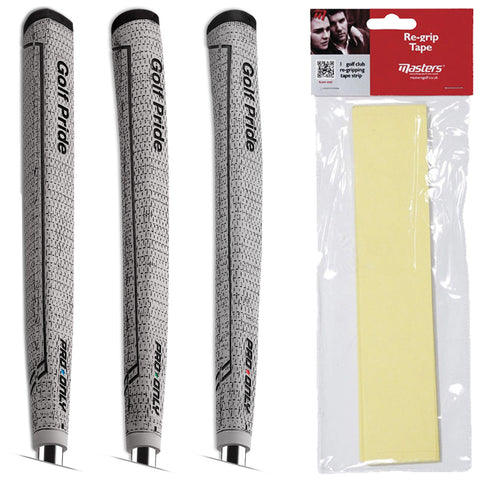 Three golf club grips are displayed vertically with textured surfaces and logos while a pack of re-grip tape is shown next to them indicating a tool for improving grip on golf clubs.