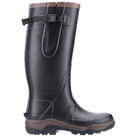 A black rubber boot stands upright showcasing a textured surface and a brown accent at the top with an adjustable strap for fitting, suitable for wet or muddy environments.