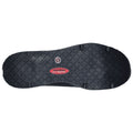 A black shoe sole features a patterned tread designed for grip and slip resistance with branding on a red section indicating it is slip resistant in a plain background.