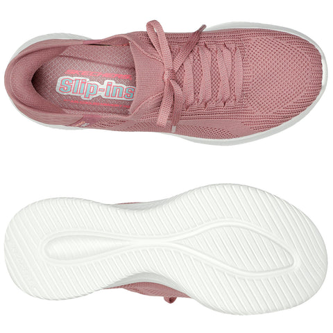 A pink athletic shoe with a mesh upper and white sole is displayed from the top and bottom views showcasing its stylish design and functional grip suitable for casual wear or exercise.