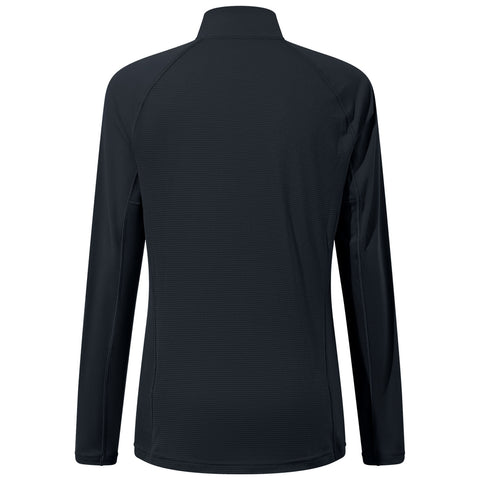 A long-sleeved black athletic shirt is displayed facing away with a high collar and a textured surface highlighting its sleek design in a neutral setting.