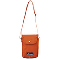 An orange shoulder bag hangs vertically with a long adjustable strap and a flap closure featuring a snap button. It is simple in design and made of durable fabric.