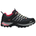 A black and pink waterproof hiking shoe with a textured surface and thick sole is displayed on a white background showcasing its sturdy construction and design made for outdoor activities