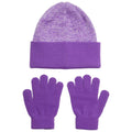 A purple knit beanie sits above a pair of matching purple gloves with five-finger design placed below in a simple arrangement against a neutral background.