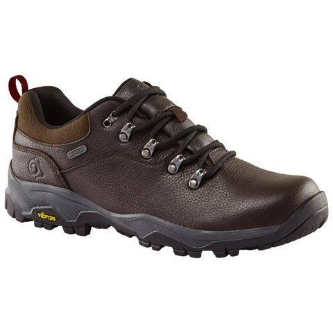 A brown hiking shoe features a textured leather upper with metal eyelets and laces providing support and stability designed for outdoor activities set against a plain white background.