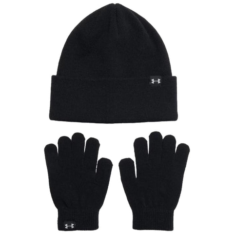 A black knit beanie rests above two matching black gloves arranged symmetrically below them conveying a winter apparel context suitable for cold weather activities.