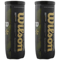 Two cylindrical containers of Wilson Premier Padel balls are displayed upright. Each container features a black and gold design with text indicating the brand and product details, emphasizing speed and durability for padel play. The context suggests a sports-related environment.